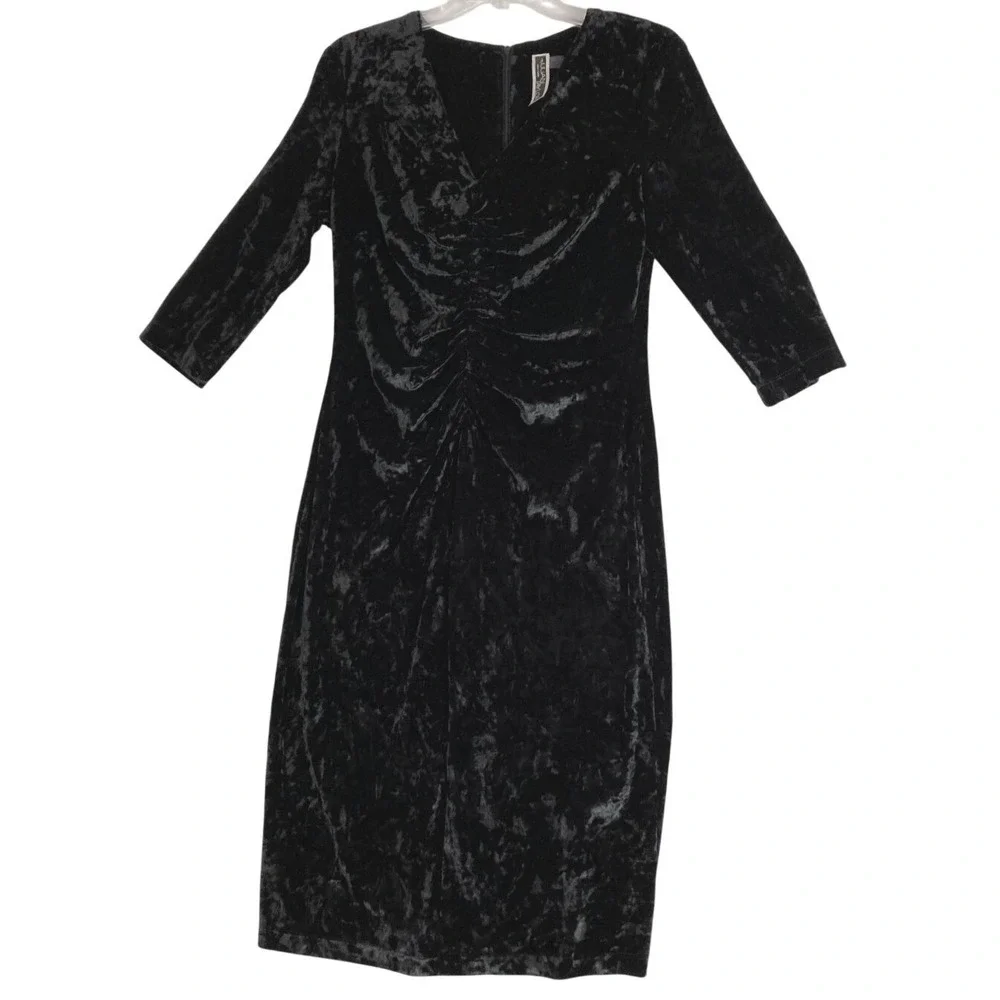 Julian Taylor Dress Womens 12 Black Crushed‎ Velvet Plunge Ruched Sexy Bodycon